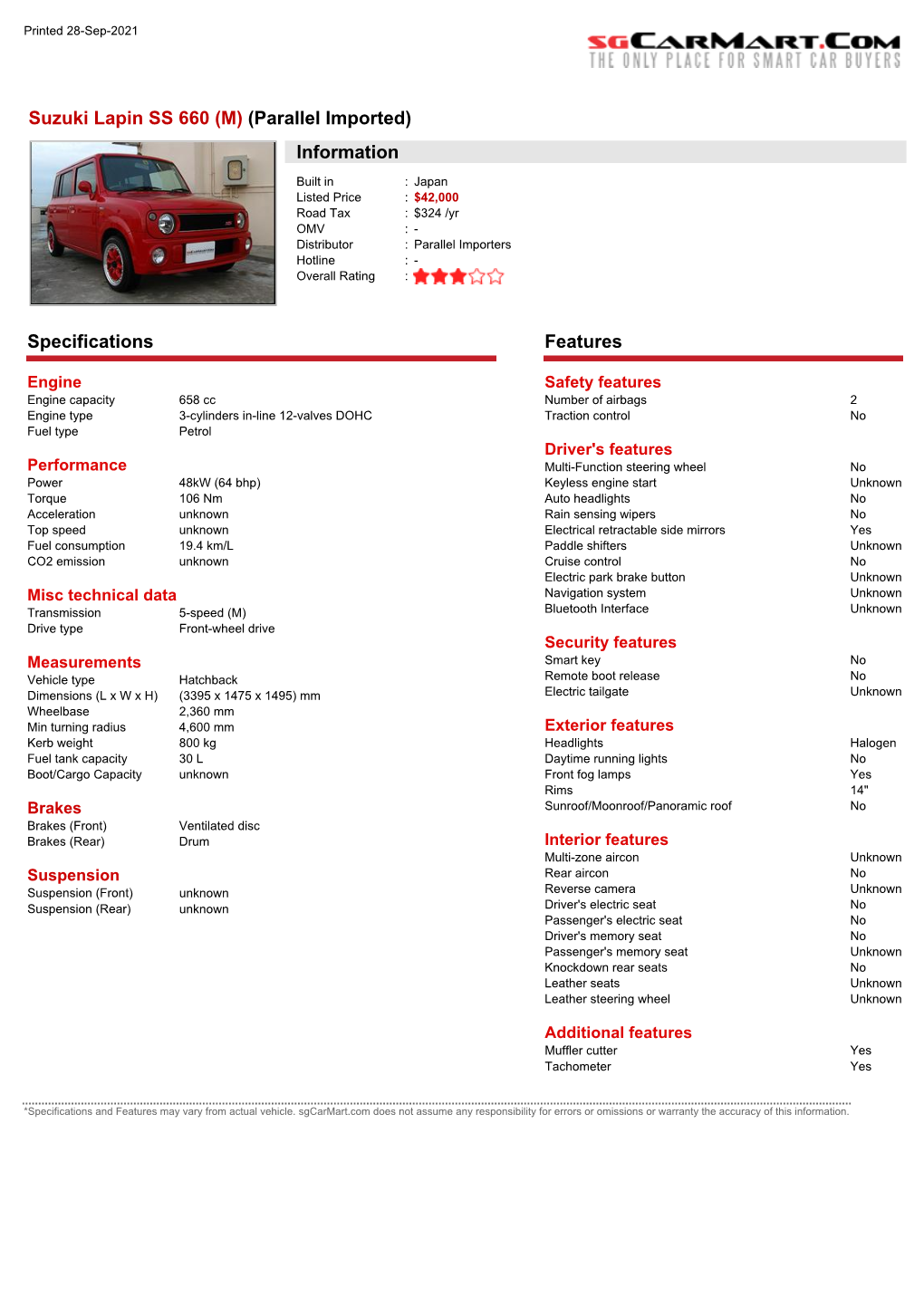 Suzuki Lapin SS 660 (A) (Parallel Imported) Information Specifications