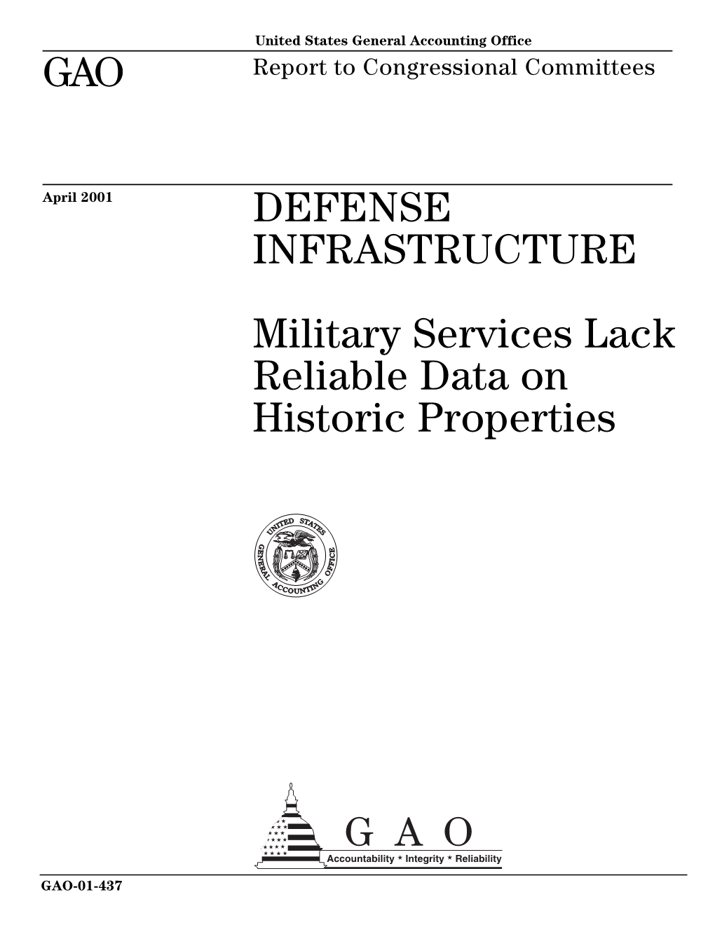 GAO-01-437 Defense Infrastructure: Military Services Lack Reliable Data on Historic Properties