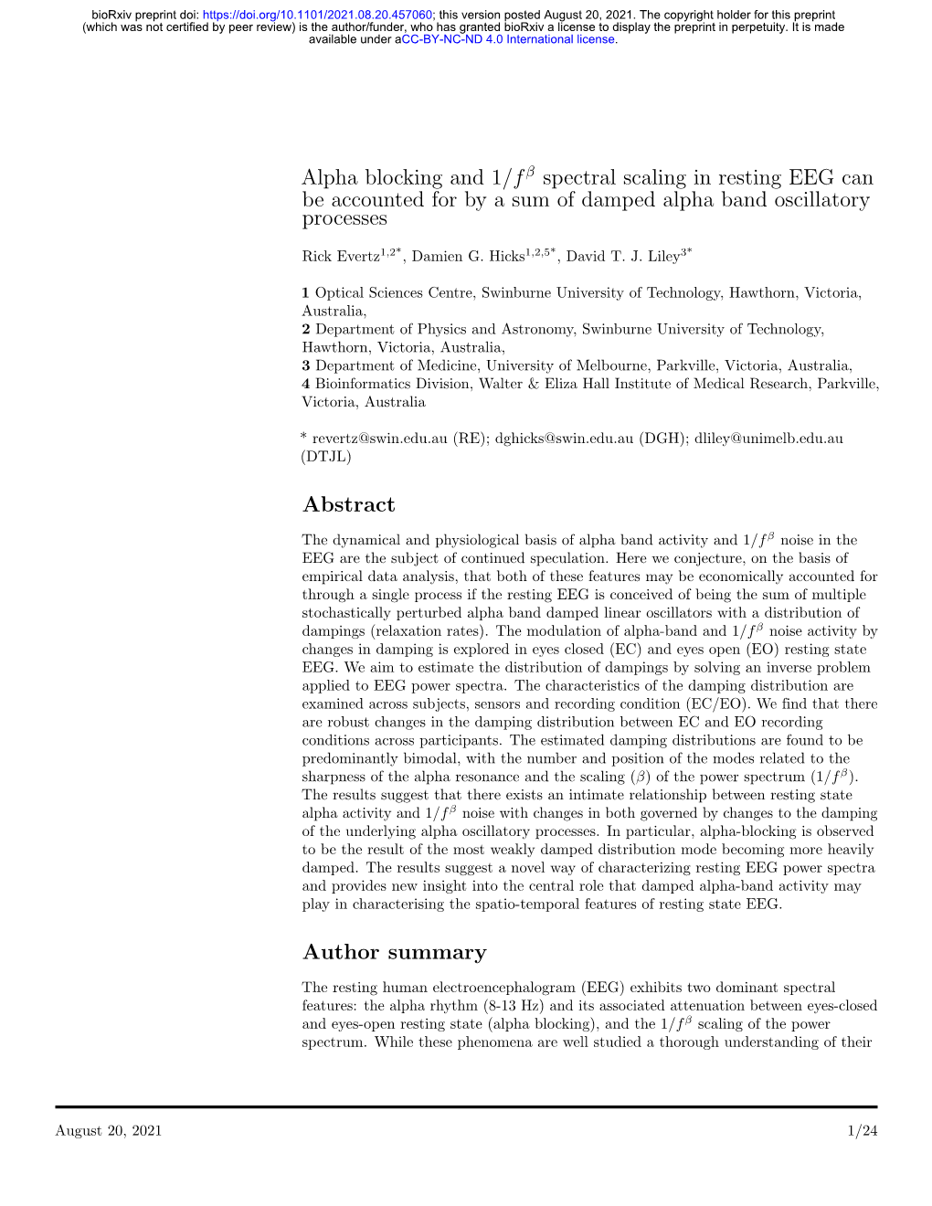 Alpha Blocking and 1/Fβ Spectral Scaling in Resting EEG Can