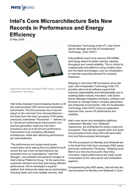 Intel's Core Microarchitecture Sets New Records in Performance and Energy Efficiency 23 May 2006