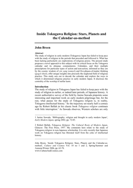 Inside Tokugawa Religion: Stars, Planets and the Calendar-As-Method