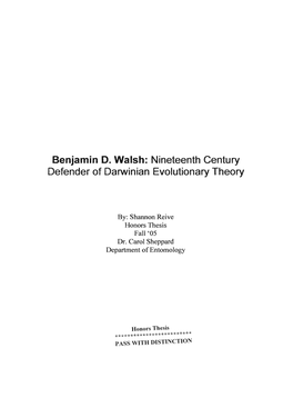 Benjamin D. Walsh: Nineteenth Century Defender of Darwinian Evolutionary Theory