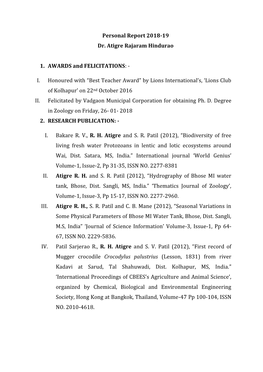 Personal Report 2018-19 Dr. Atigre Rajaram Hindurao 1. AWARDS And