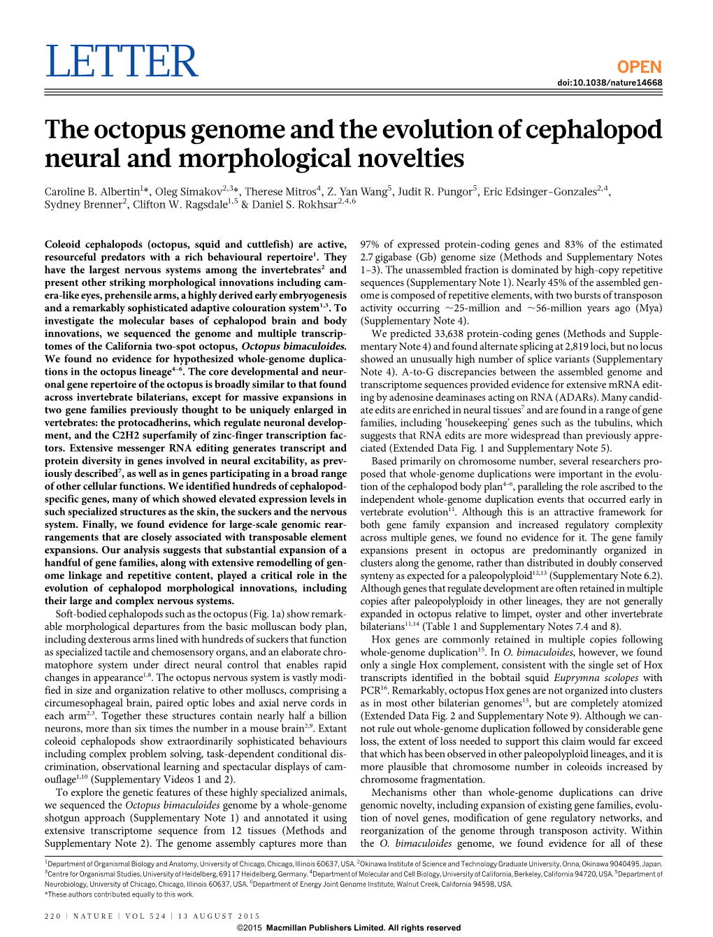 The Octopus Genome and the Evolution of Cephalopod Neural and Morphological Novelties