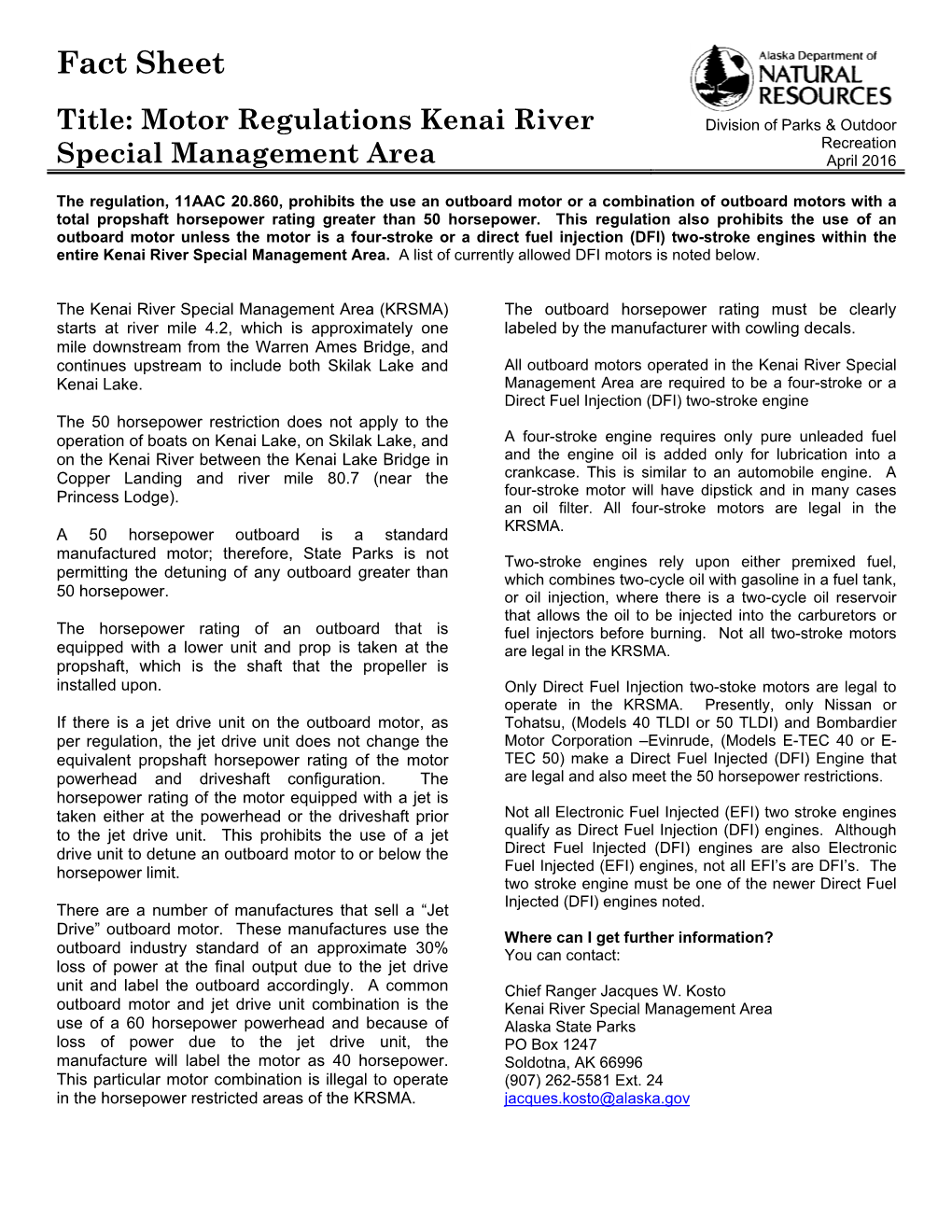 Motor Regulations Fact Sheet for Kenai River Special Management