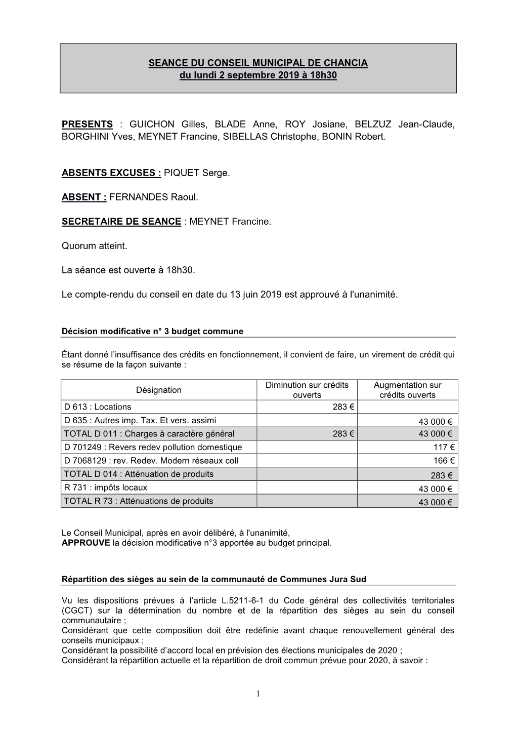 SEANCE DU CONSEIL MUNICIPAL DE CHANCIA Du Lundi 2 Septembre 2019 À 18H30