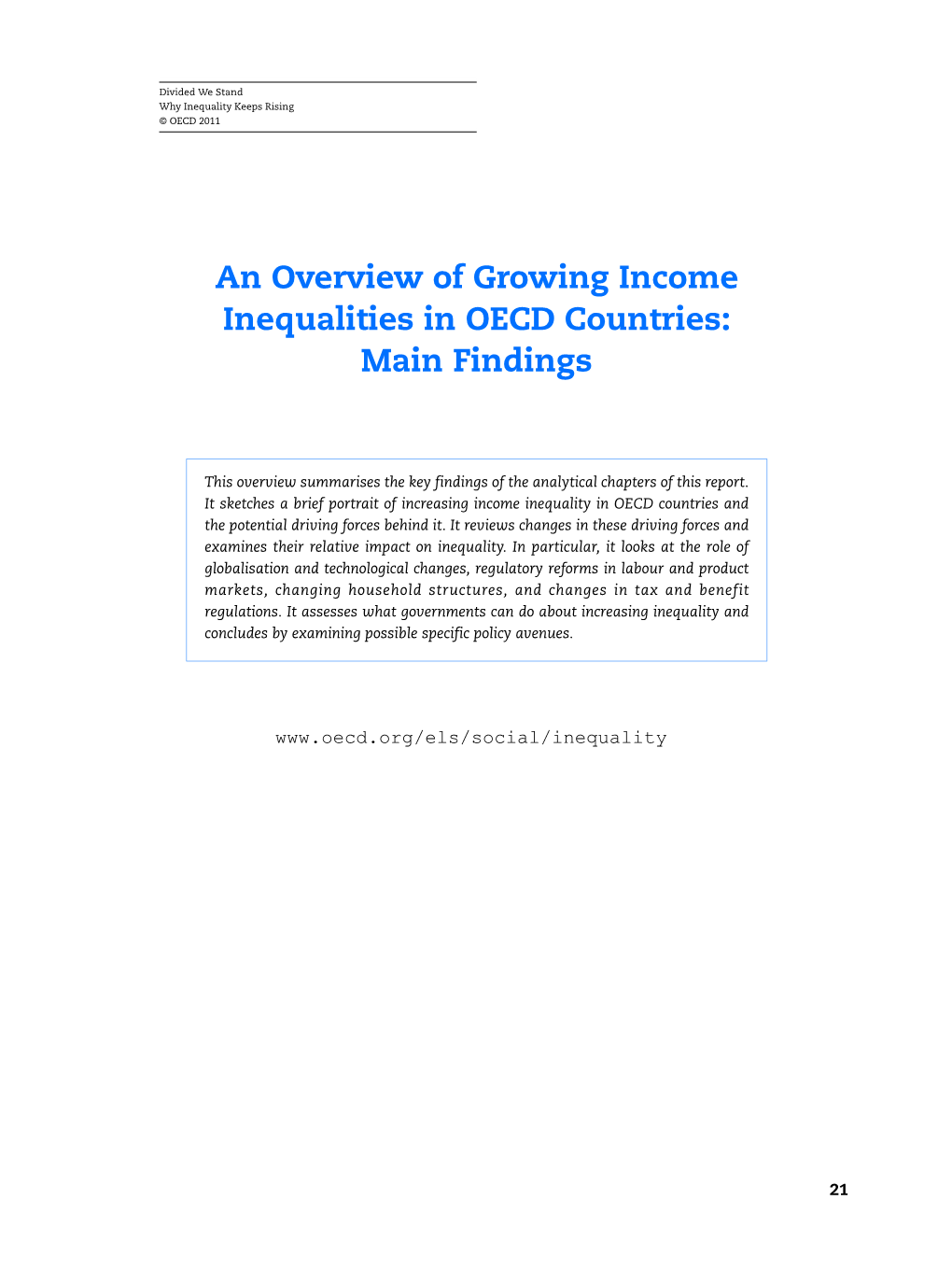 An Overview of Growing Income Inequalities in OECD Countries: Main Findings