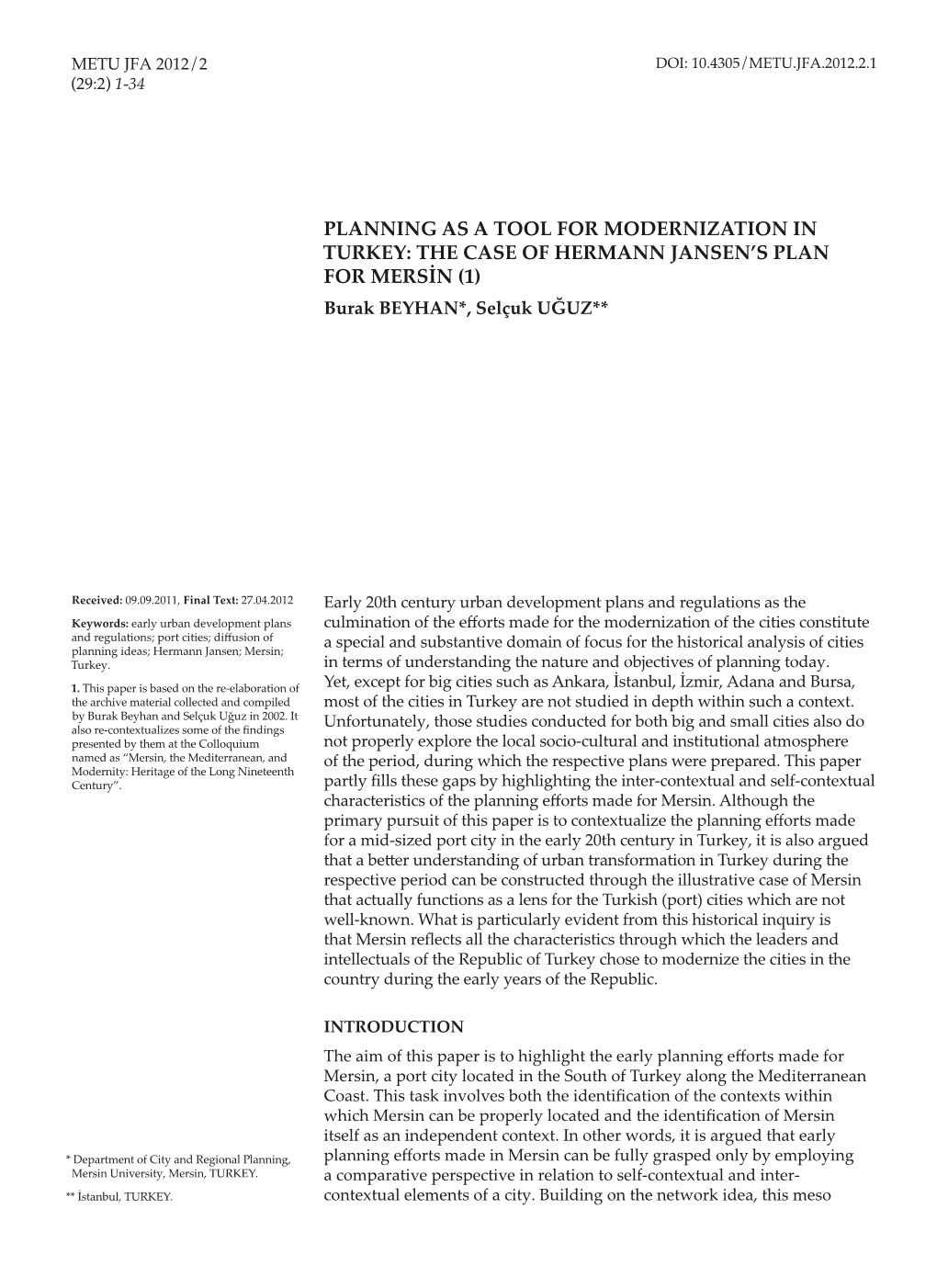 The Case of Hermann Jansen's Plan for Mersin