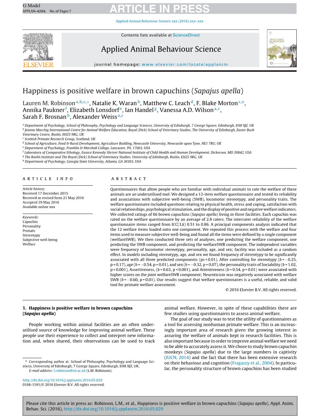 Happiness Is Positive Welfare in Brown Capuchins (Sapajus Apella)