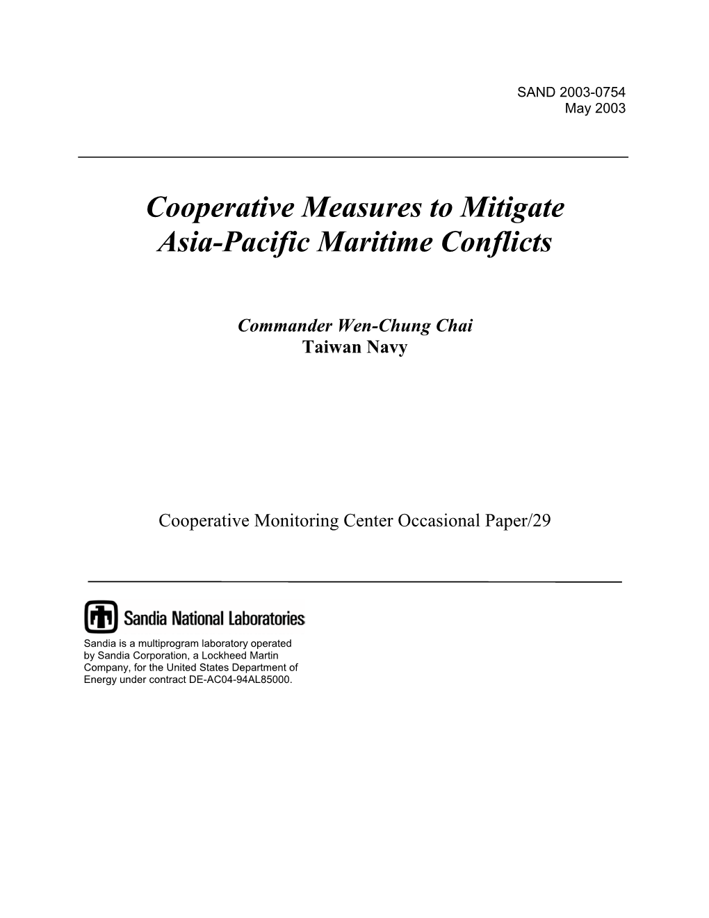 Cooperative Measures to Mitigate Asia-Pacific Maritime Conflicts