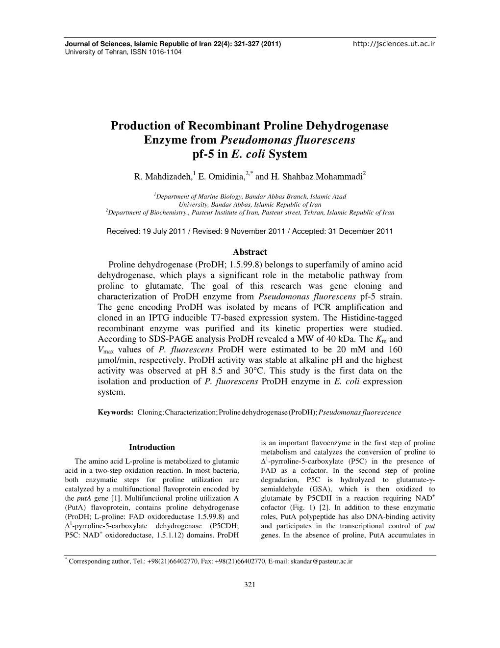 Production of Recombinant Proline Dehydrogenase Enzyme from Pseudomonas Fluorescens Pf-5 in E