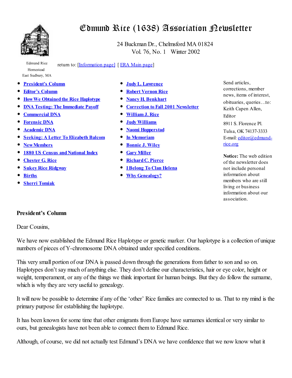 Edmund Rice (1638) Association Newsletter