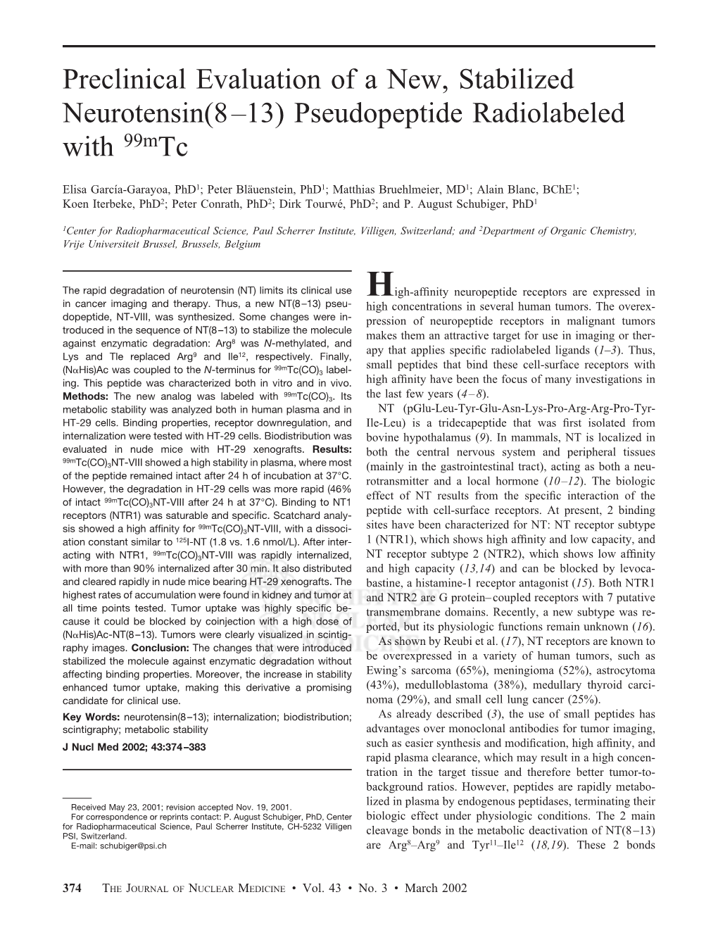 Preclinical Evaluation of a New, Stabilized Neurotensin(8–13) Pseudopeptide Radiolabeled with 99Mtc