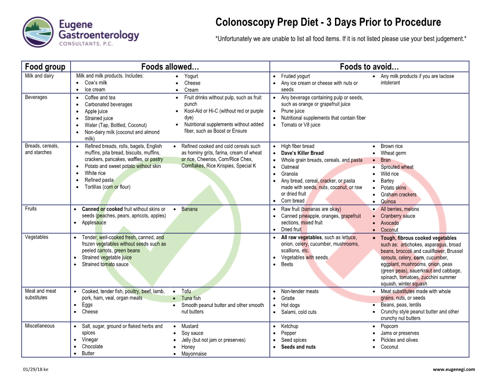 Colonoscopy Prep Diet - 3 Days Prior to Procedure