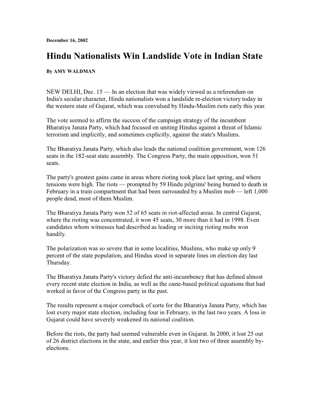 Hindu Ationalists Win Landslide Vote in Indian State