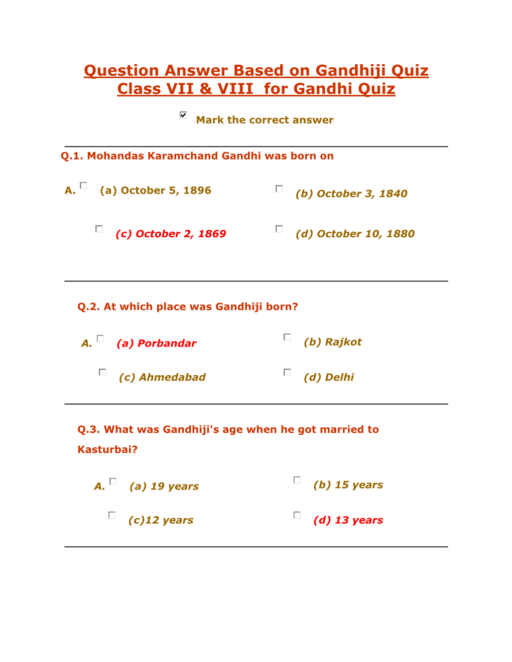 Question Answer Based on Gandhiji Quiz Class VII & VIII for Gandhi Quiz