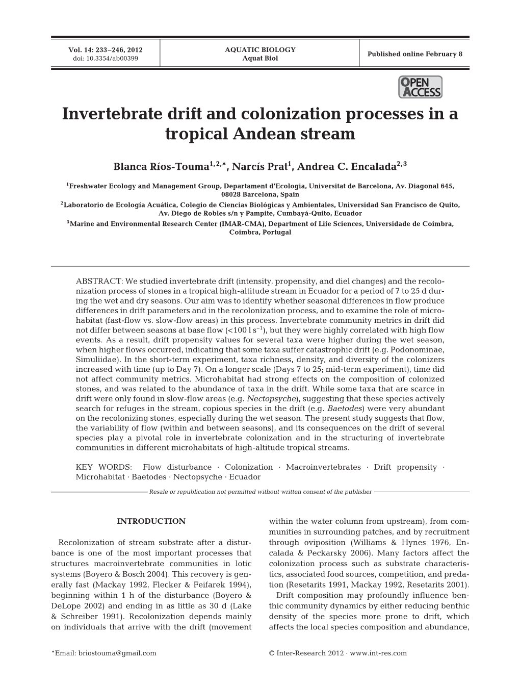 Invertebrate Drift and Colonization Processes in a Tropical Andean Stream