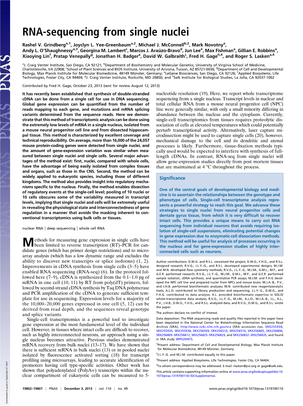 RNA-Sequencing from Single Nuclei