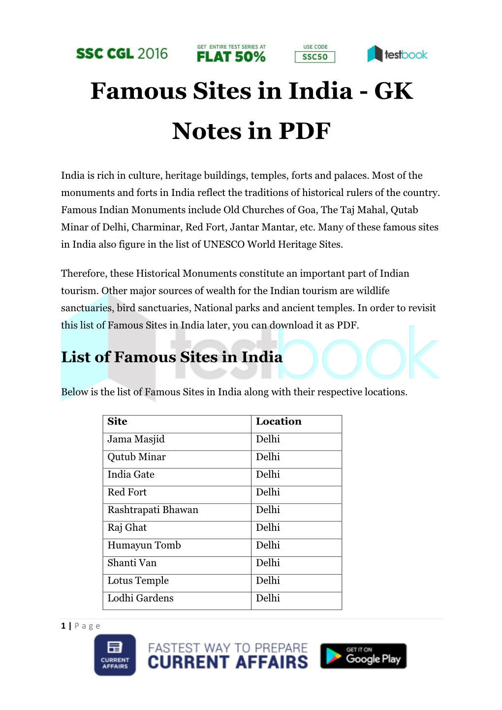 Famous Sites in India - GK Notes in PDF