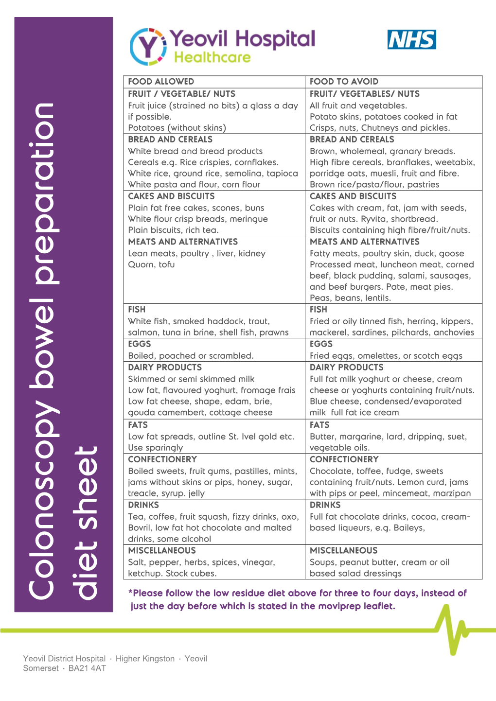 Colonoscopy Bowel Prepara Tion Diet Sheet