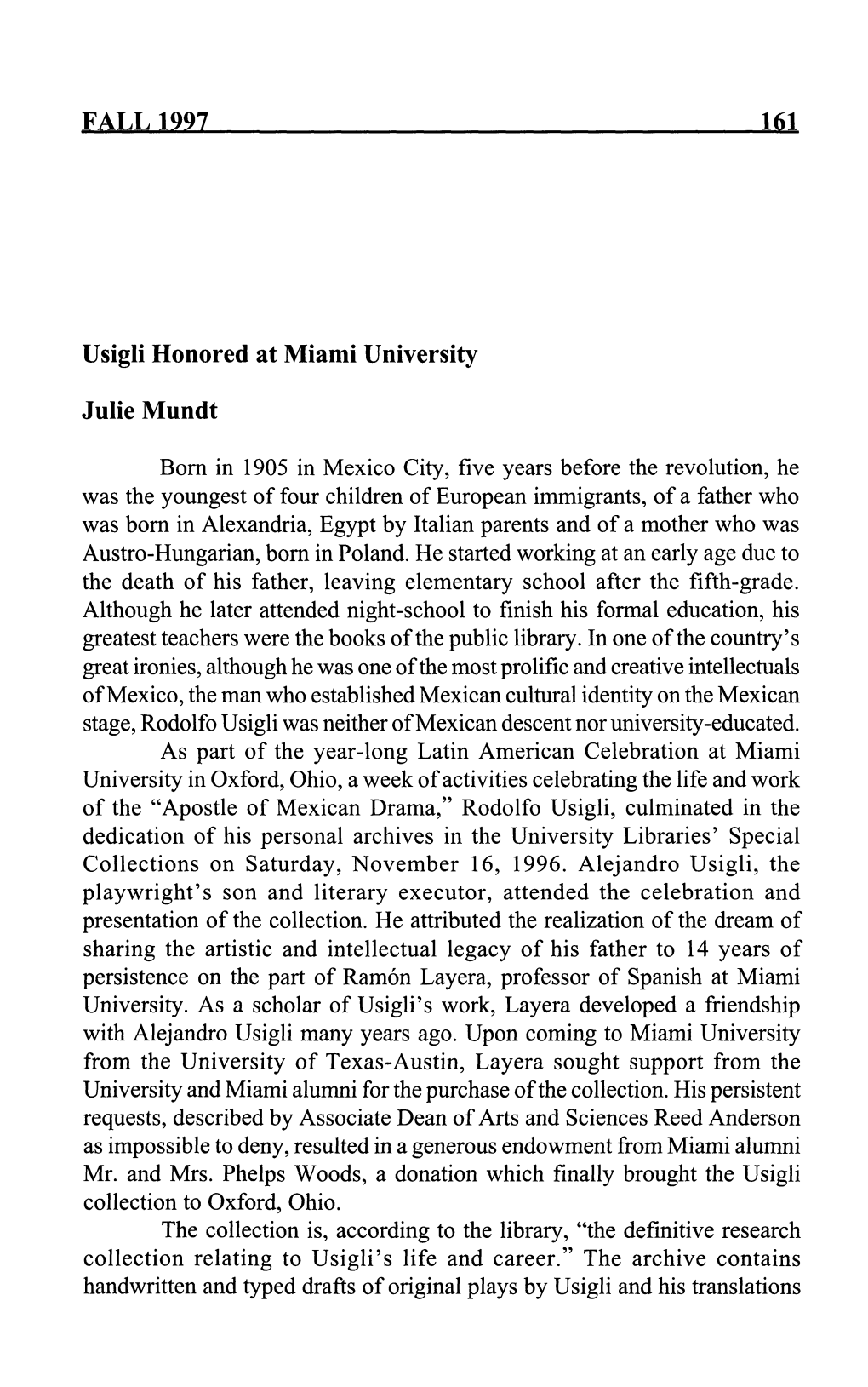 FALL 1997 Usigli Honored at Miami University Julie Mundt