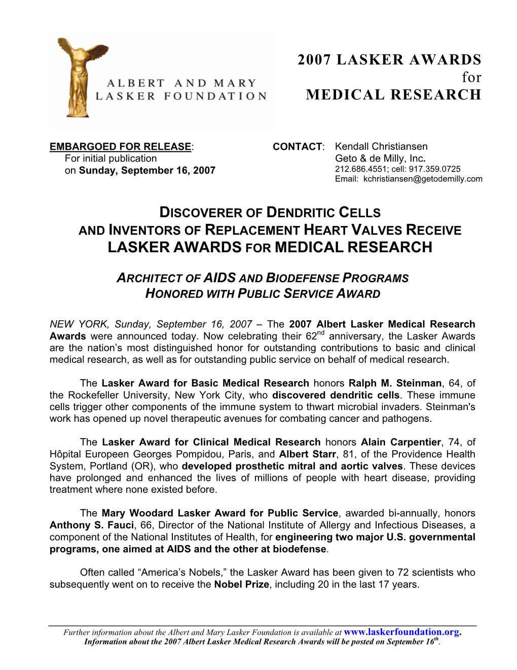 LASKER AWARDS for MEDICAL RESEARCH