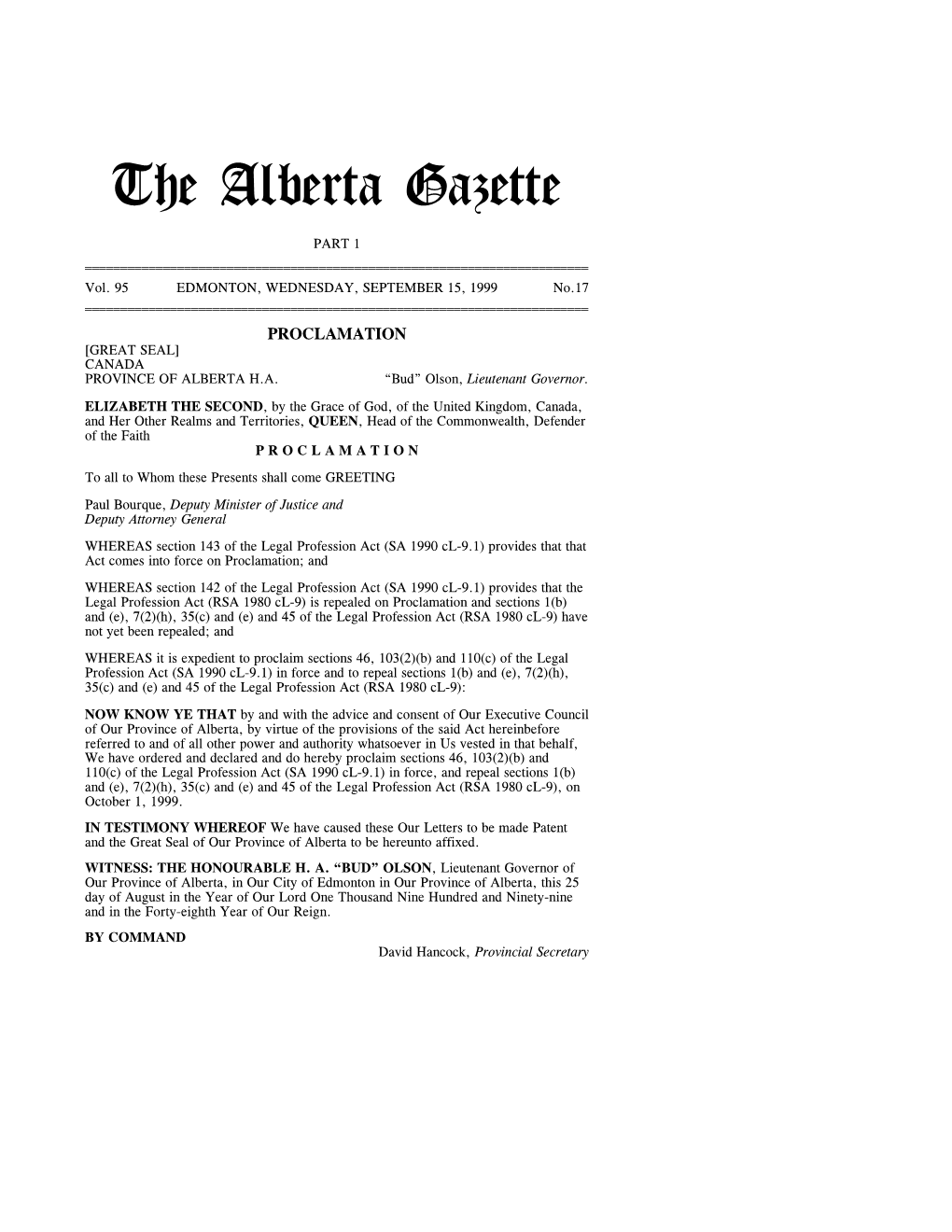 The Alberta Gazette, Part I, September 15, 1999