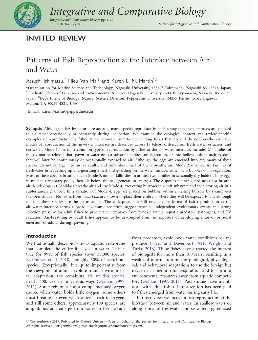 Patterns of Fish Reproduction at the Interface Between Air and Water Atsushi Ishimatsu,* Hieu Van Mai† and Karen L