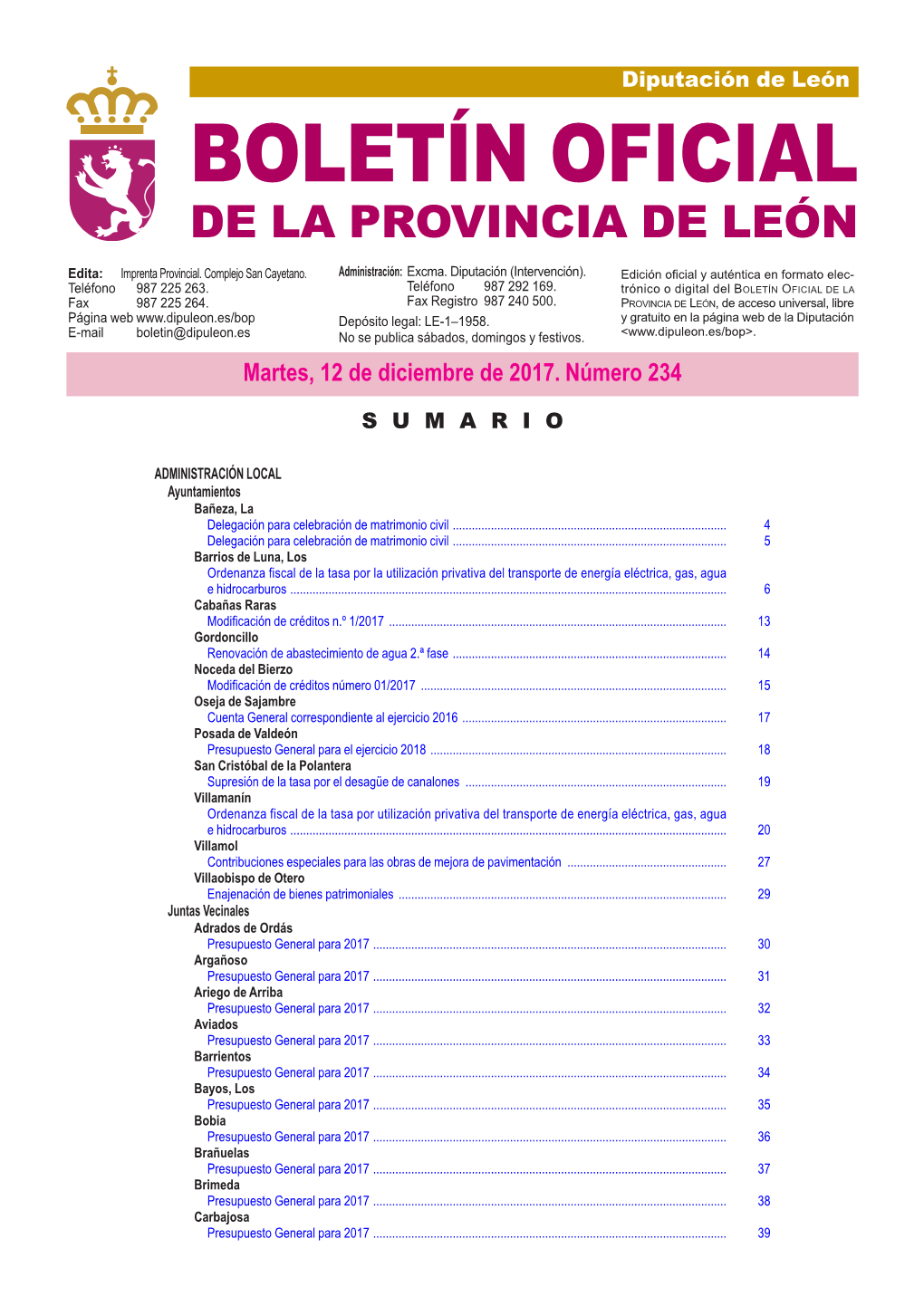 BOLETÍN OFICIAL DE LA PROVINCIA DE LEÓN Edita: Imprenta Provincial