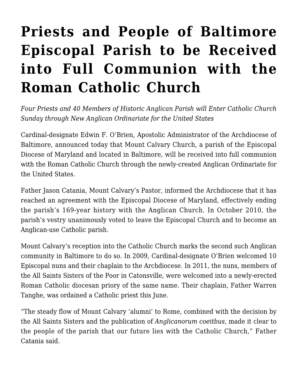 Priests and People of Baltimore Episcopal Parish to Be Received Into Full Communion with the Roman Catholic Church