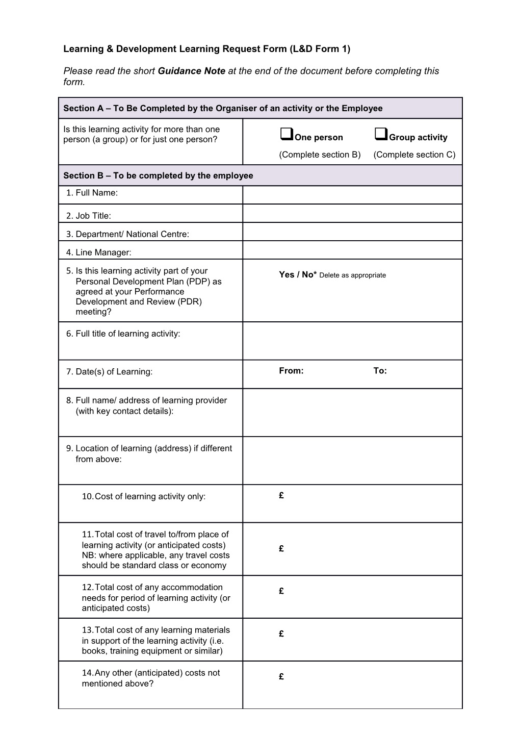 L&D Request Form - Form 1