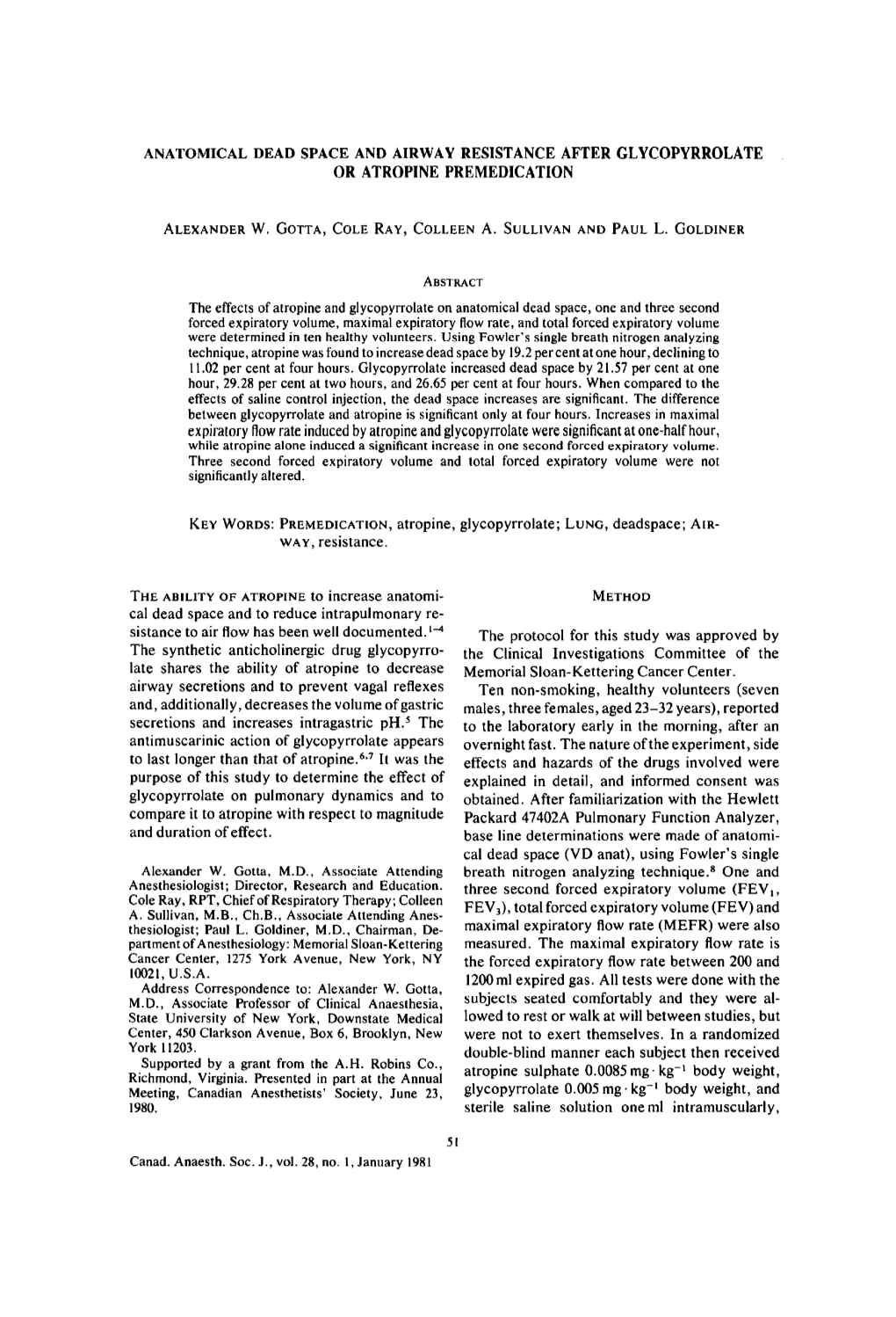 Anatomical Dead Space and Airway Resistance After Glycopyrrolate Or Atropine Premedication