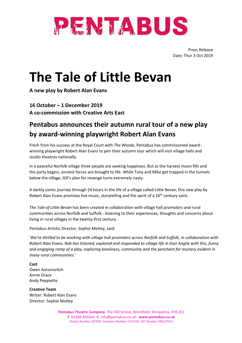 The Tale of Little Bevan a New Play by Robert Alan Evans