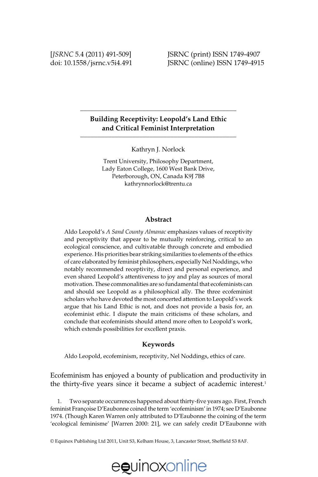 [JSRNC 5.4 (2011) 491-509] JSRNC (Print) ISSN 1749-4907 Doi: 10.1558/Jsrnc.V5i4.491 JSRNC (Online) ISSN 1749-4915