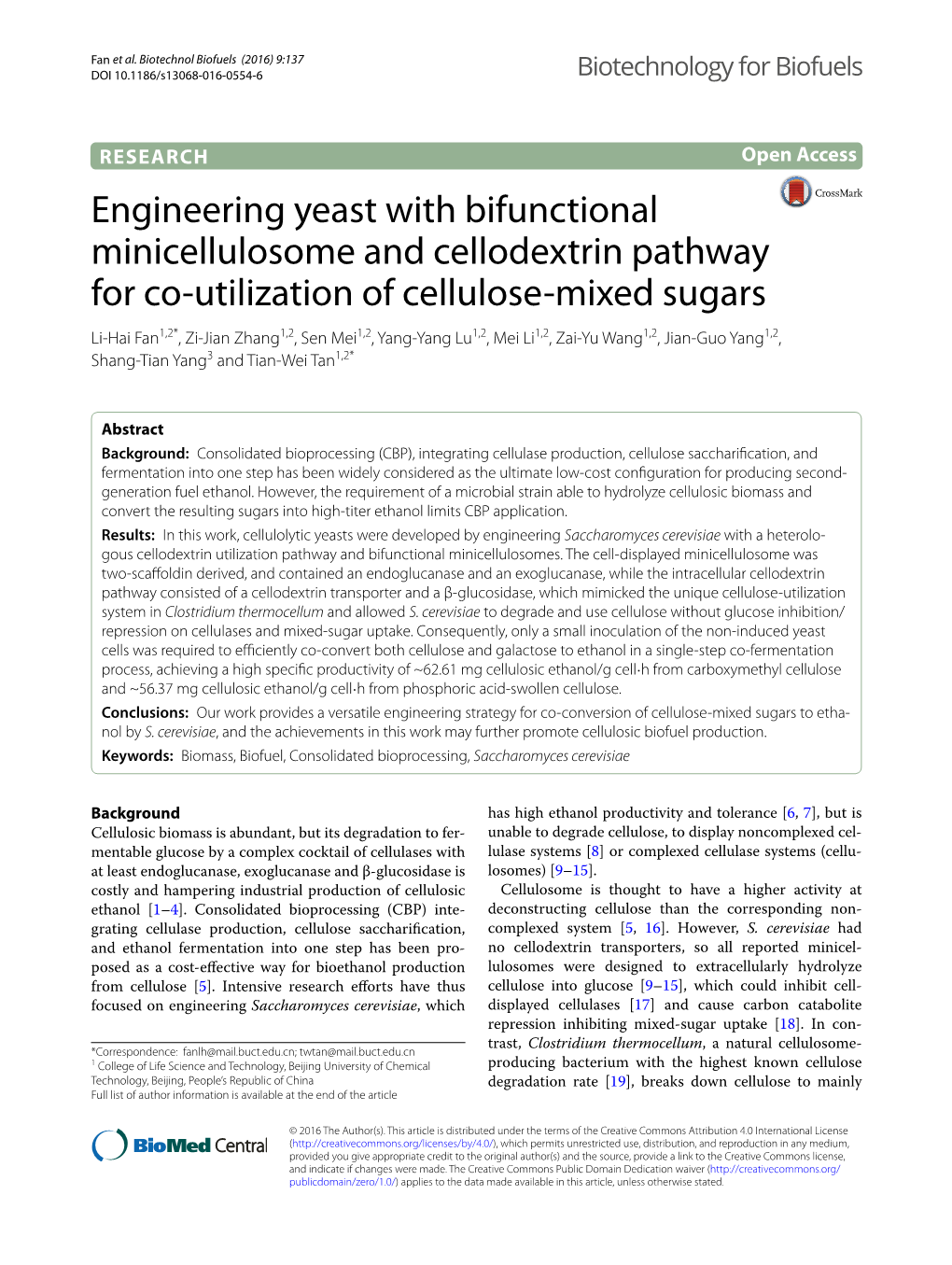 Engineering Yeast with Bifunctional Minicellulosome and Cellodextrin
