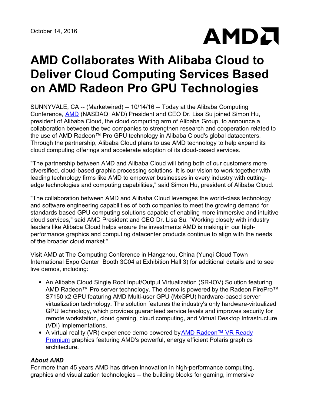 AMD Collaborates with Alibaba Cloud to Deliver Cloud Computing Services Based on AMD Radeon Pro GPU Technologies