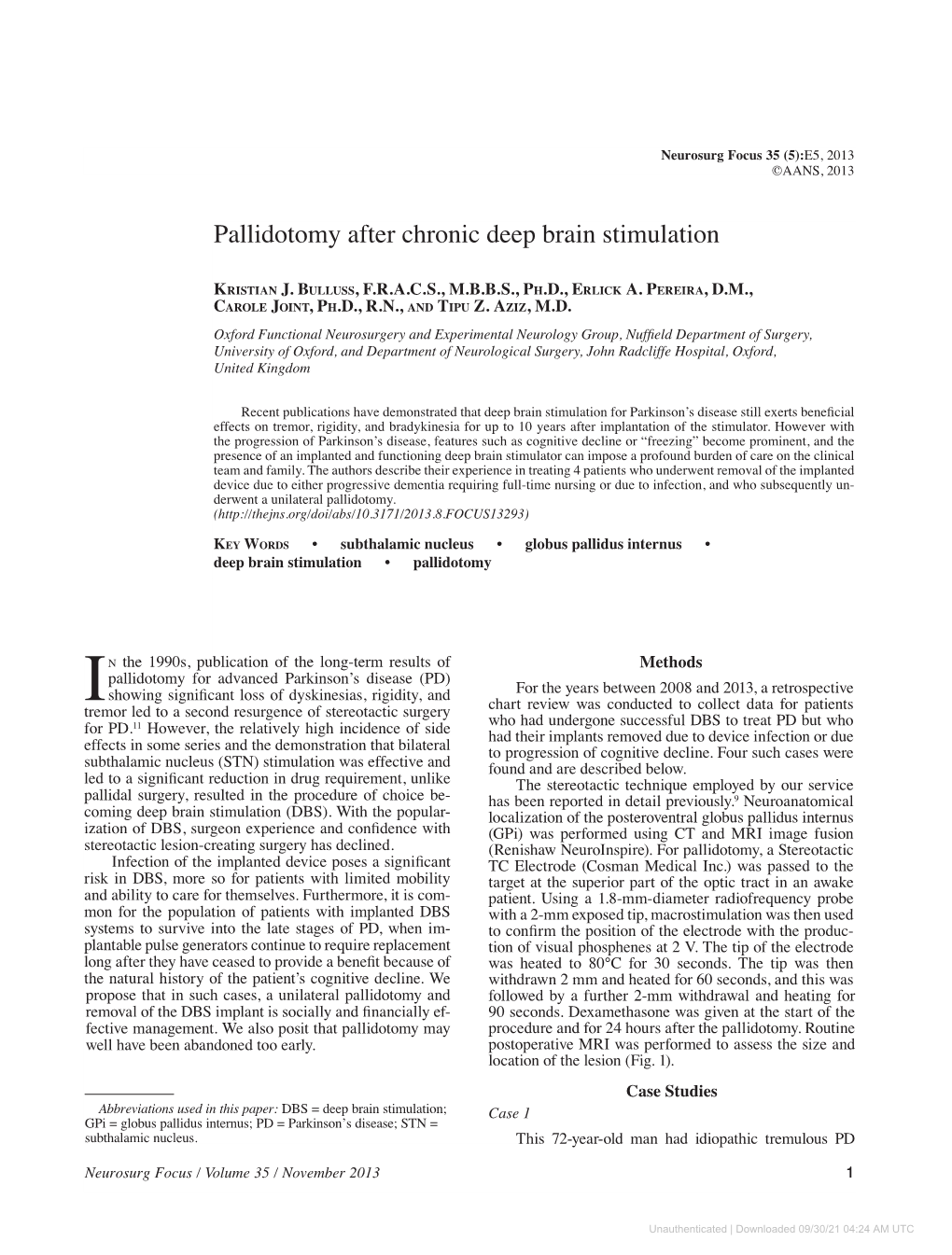 Pallidotomy After Chronic Deep Brain Stimulation