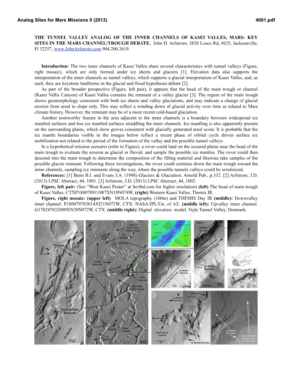 THE TUNNEL VALLEY ANALOG of the INNER CHANNELS of KASEI VALLES, MARS: KEY SITES in the MARS CHANNEL/TROUGH DEBATE. John D. Arfst