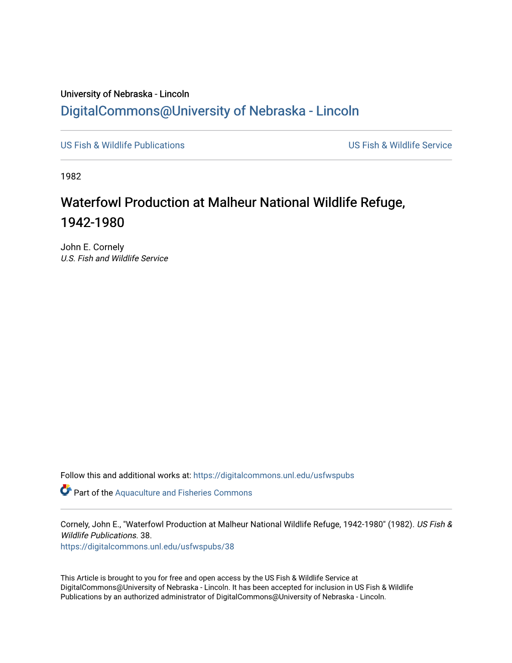 Waterfowl Production at Malheur National Wildlife Refuge, 1942-1980
