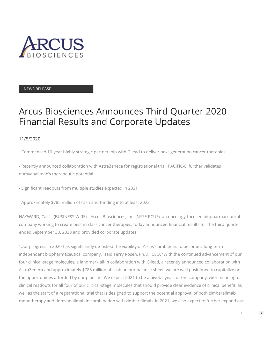 Arcus Biosciences Announces Third Quarter 2020 Financial Results and Corporate Updates