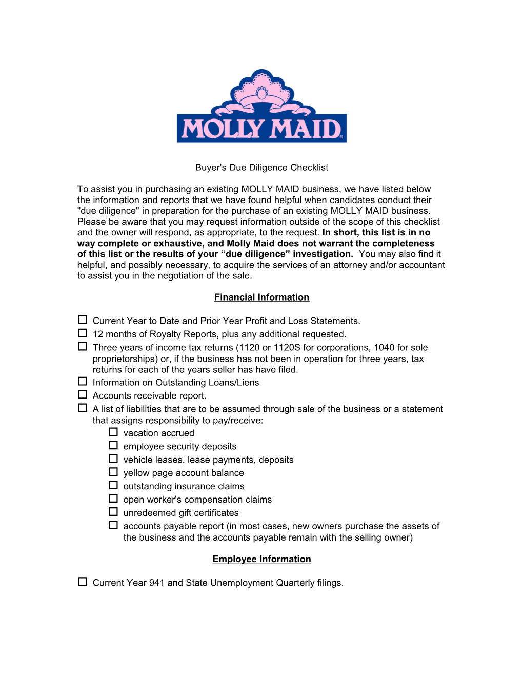 Form Buyer's Due Diligence Checklist/Molly Maid/070306 (00116895;1)