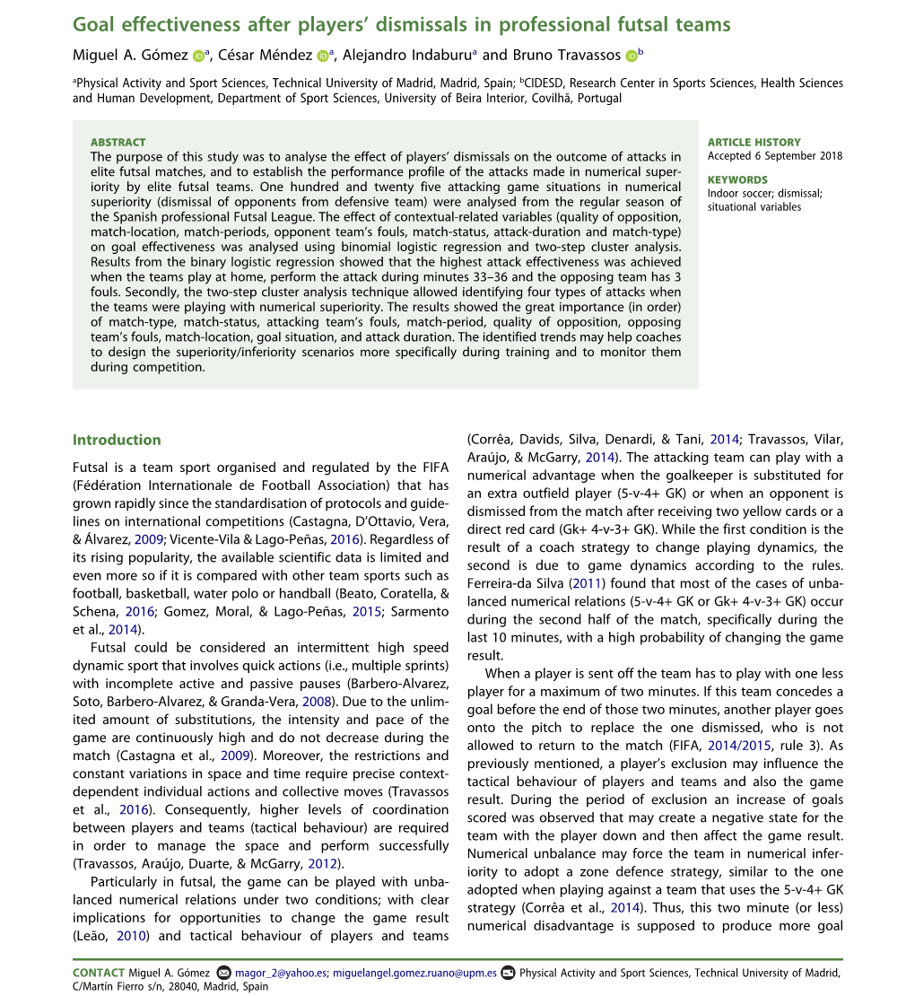 Goal Effectiveness After Players' Dismissals in Professional Futsal