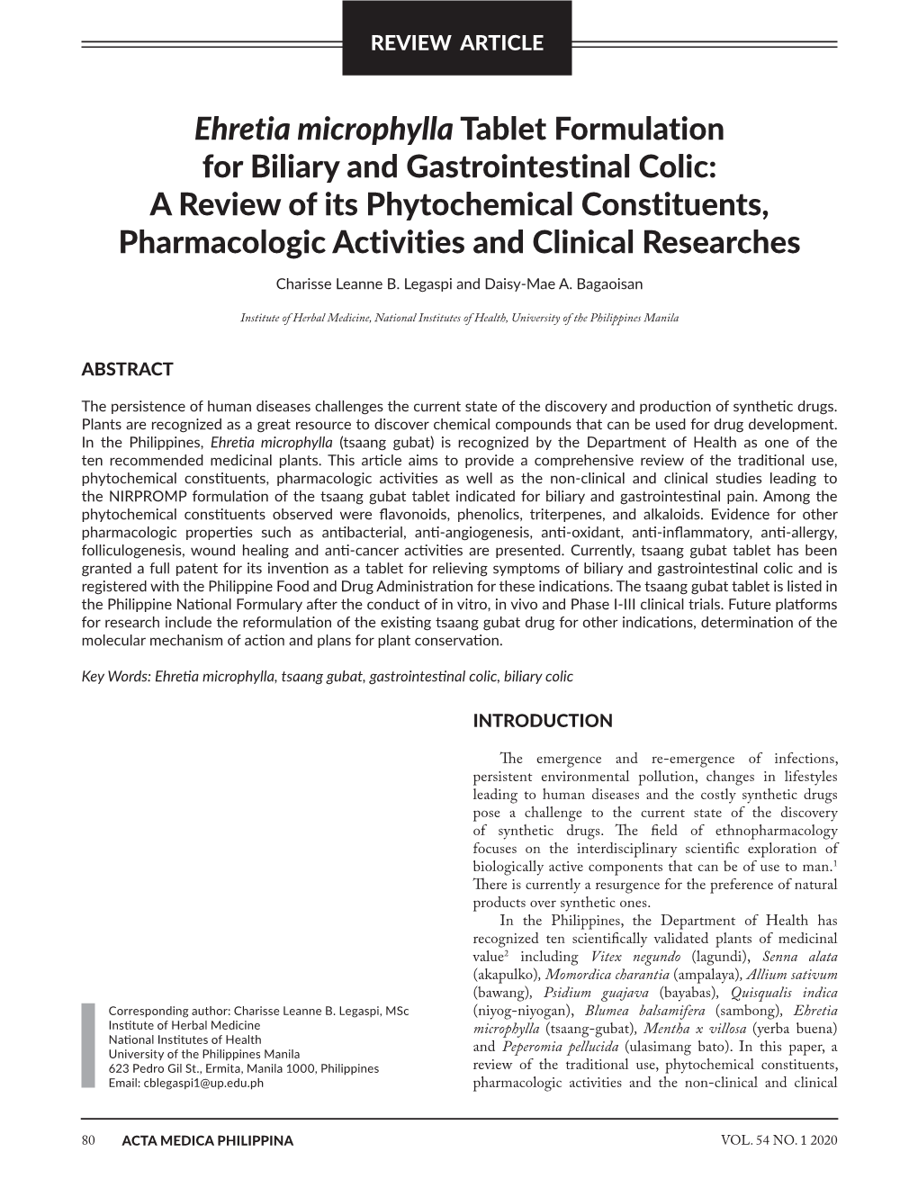 Ehretia Microphylla Tablet Formulation for Biliary and Gastrointestinal Colic: a Review of Its Phytochemical Constituents, Pharm