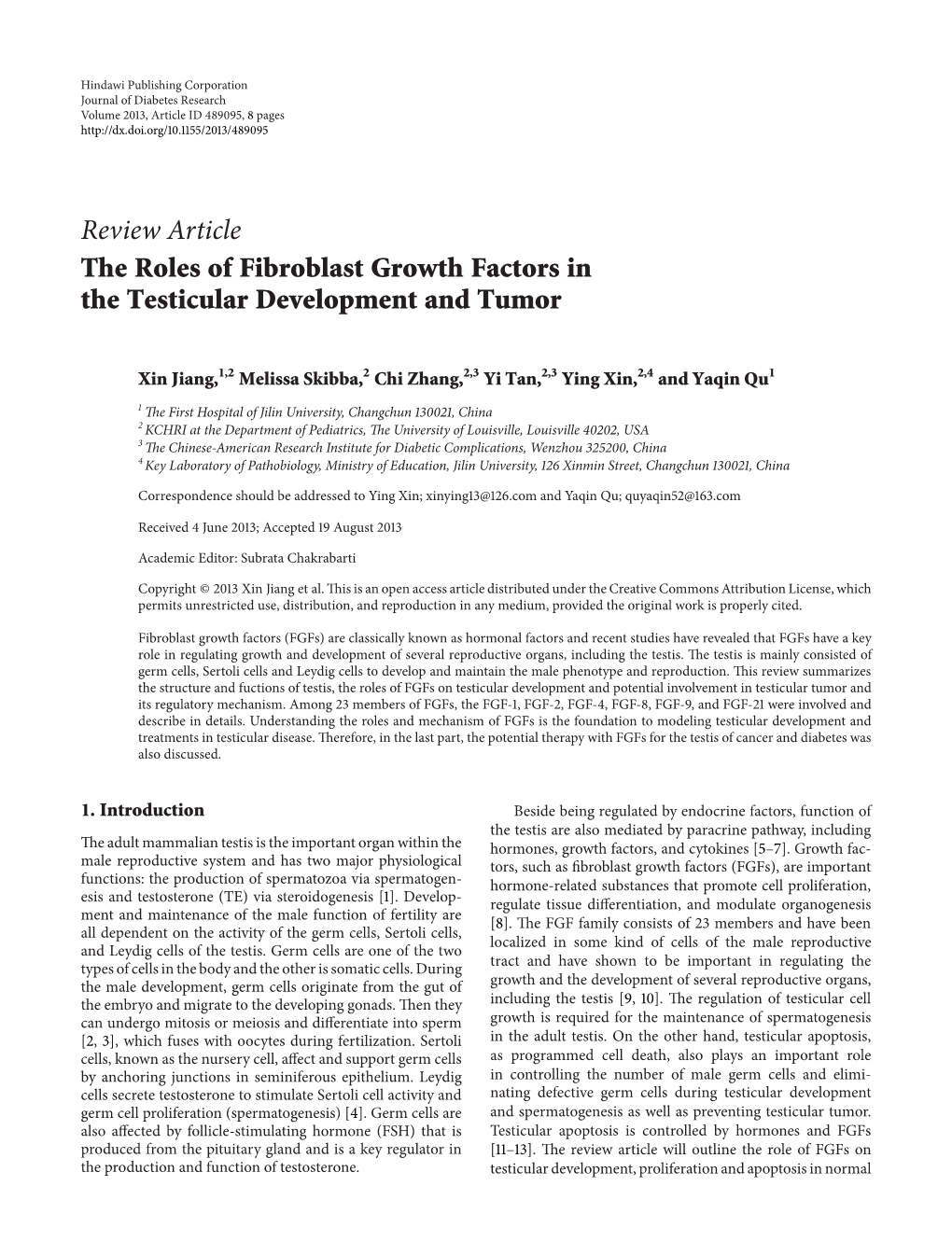 The Roles of Fibroblast Growth Factors in the Testicular Development and Tumor