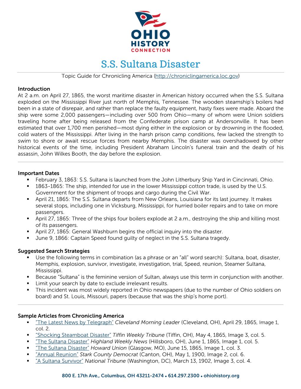 S.S. Sultana Disaster Topic Guide for Chronicling America (