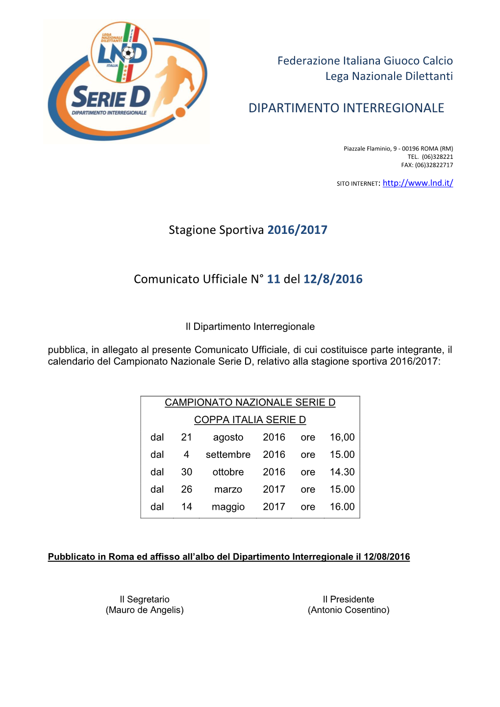 Scarica Il Calendario Del Campionato Dilettanti