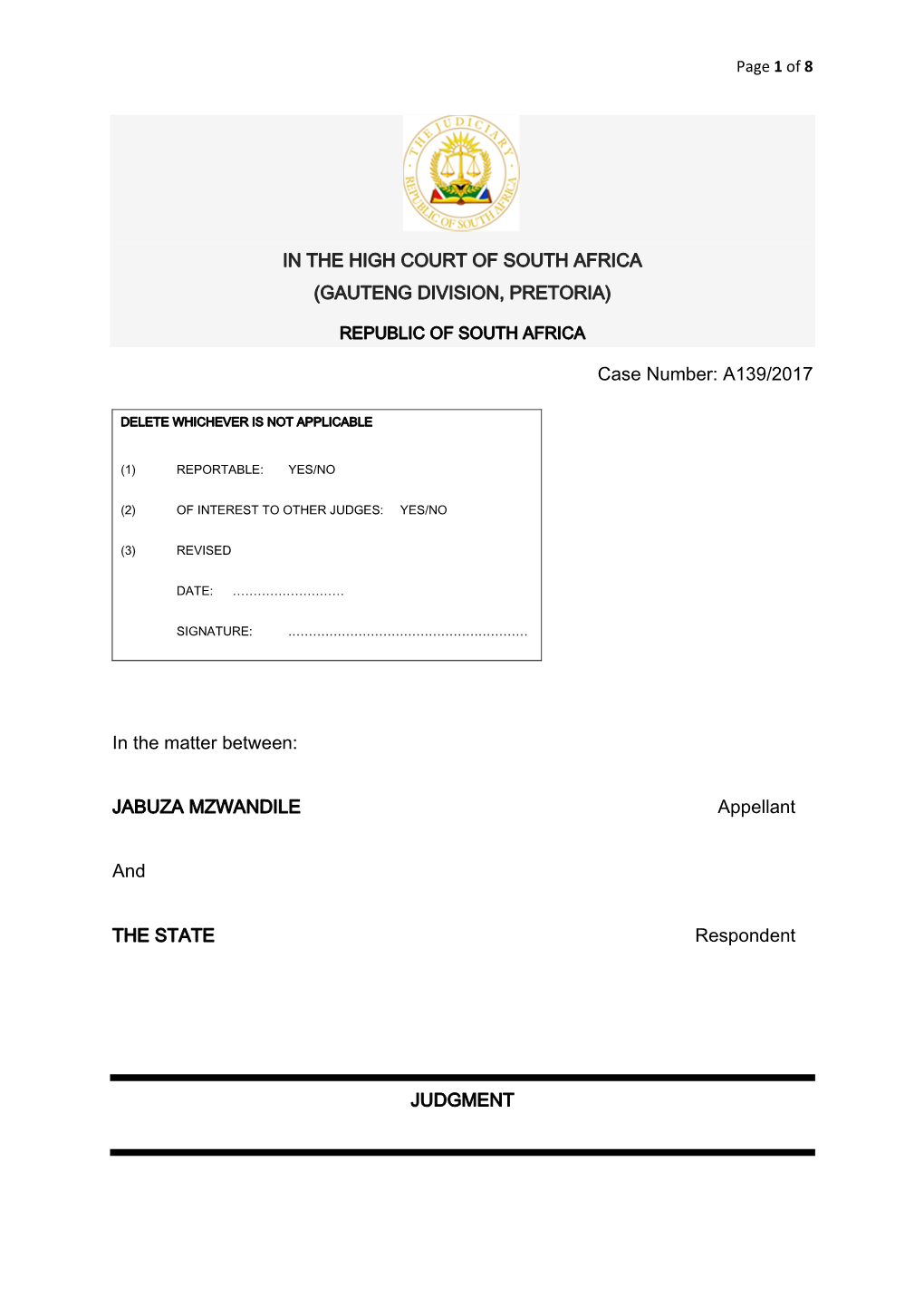 (GAUTENG DIVISION, PRETORIA) Case Number