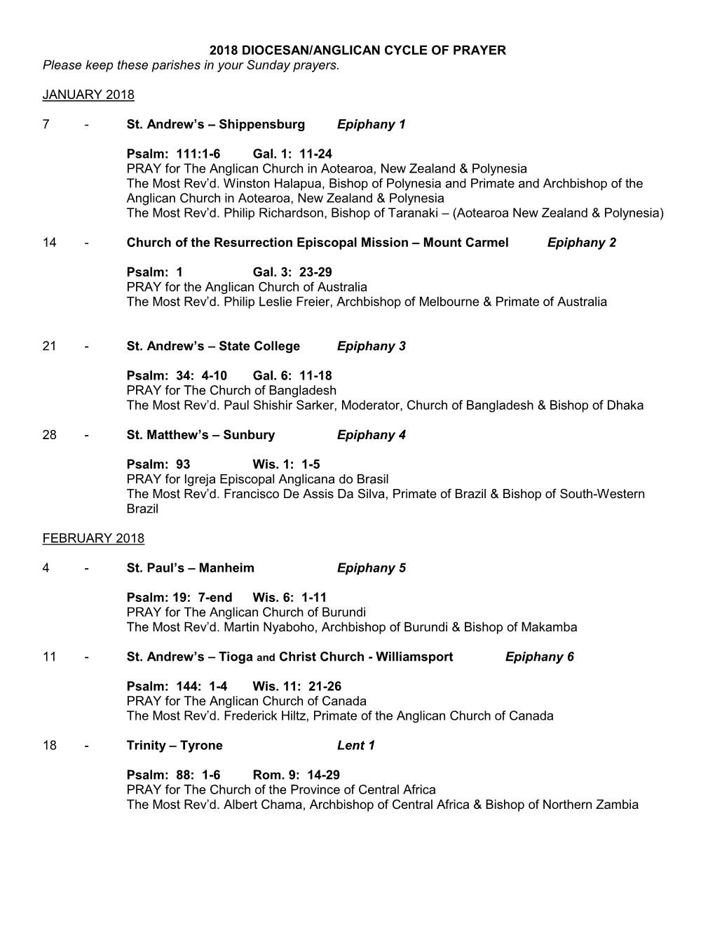 2018 DIOCESAN/ANGLICAN CYCLE of PRAYER Please Keep These Parishes in Your Sunday Prayers. JANUARY 2018 7
