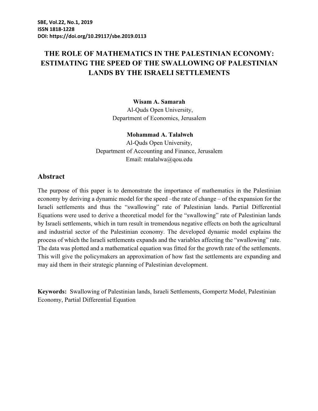 The Role of Mathematics in the Palestinian Economy: Estimating the Speed of the Swallowing of Palestinian Lands by the Israeli Settlements