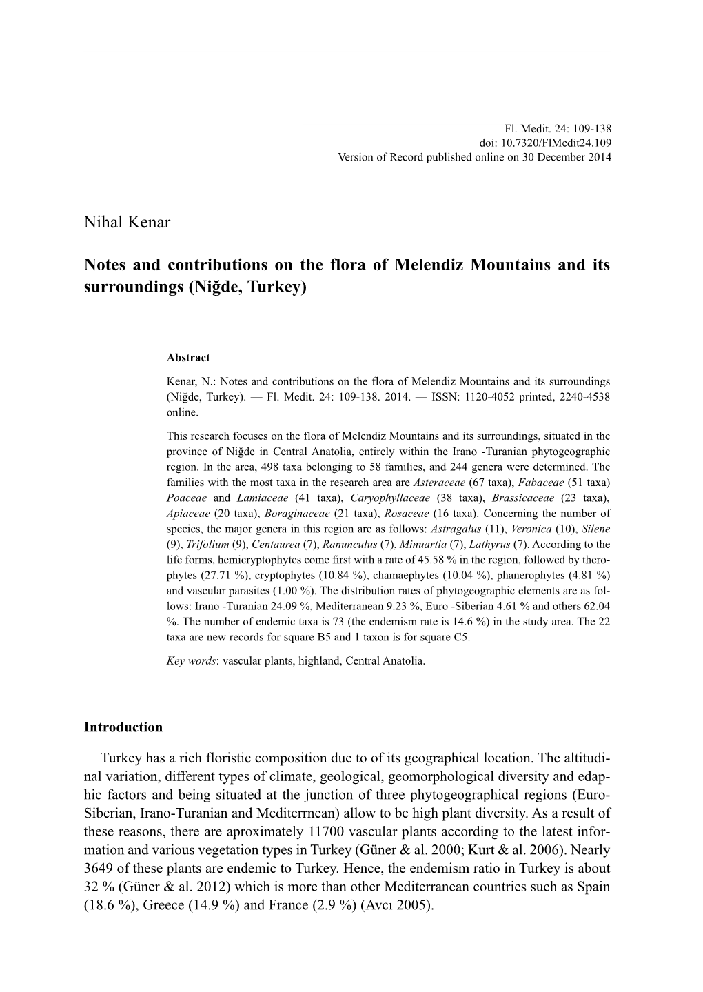 Nihal Kenar Notes and Contributions on the Flora of Melendiz Mountains